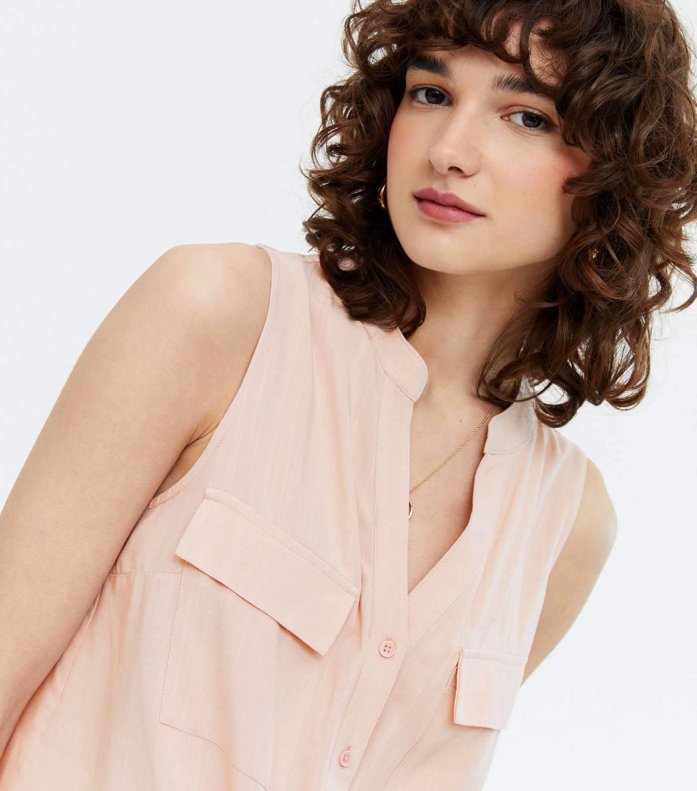 Pale Pink Tie Front Double Pocket Sleeveless Shirt Image 3