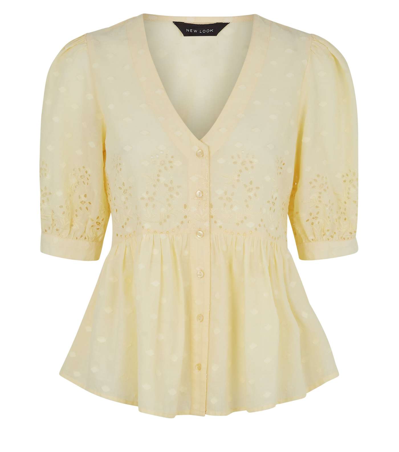 Pale Yellow Broderie Puff Sleeve Peplum Blouse Image 4
