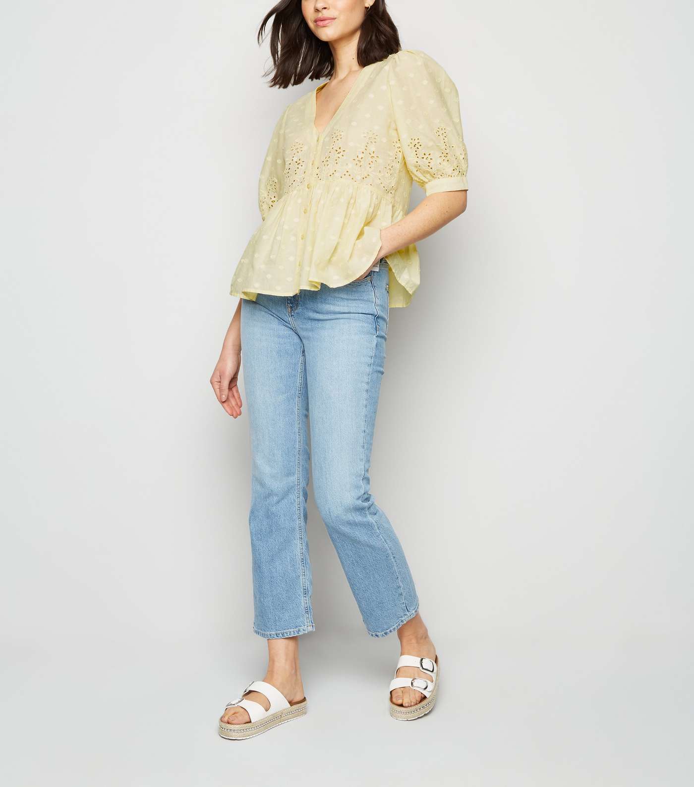 Pale Yellow Broderie Puff Sleeve Peplum Blouse Image 2