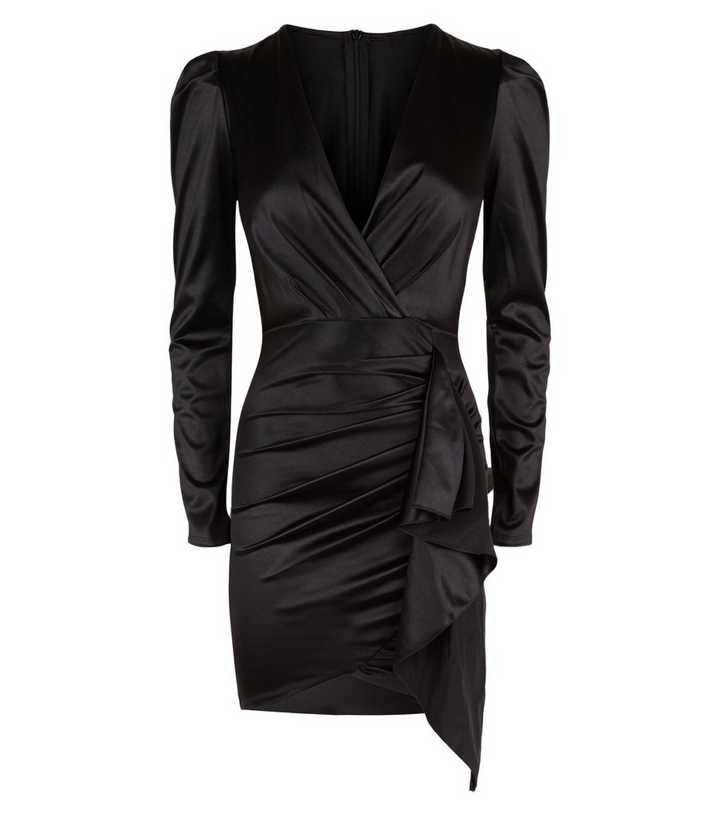 Black Satin Long Sleeve Wrap Dress