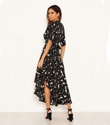 Image of AX Paris Black Brushstroke Print Frill Midi Dress New Look