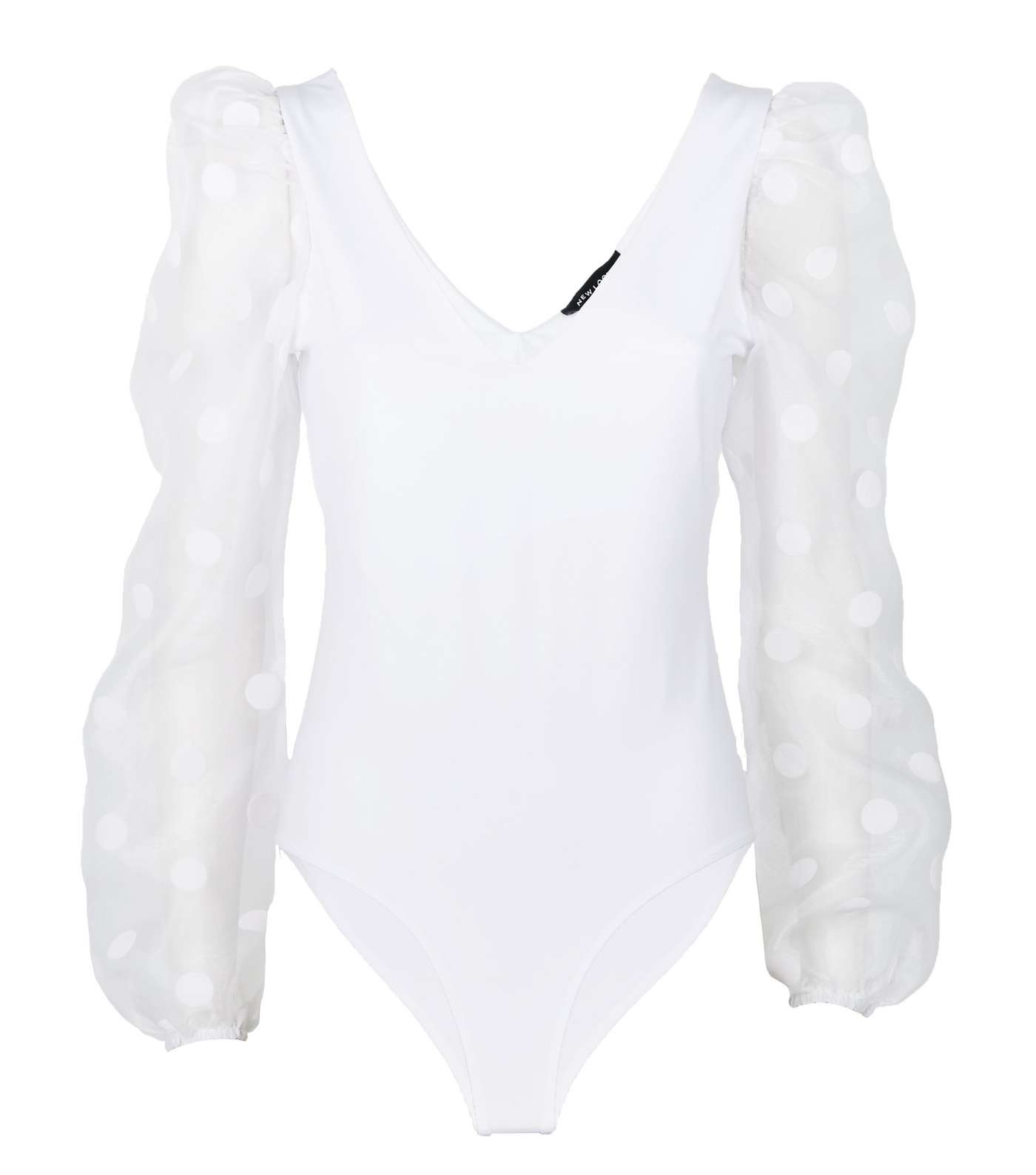 White Organza Spot Puff Sleeve Bodysuit Image 4