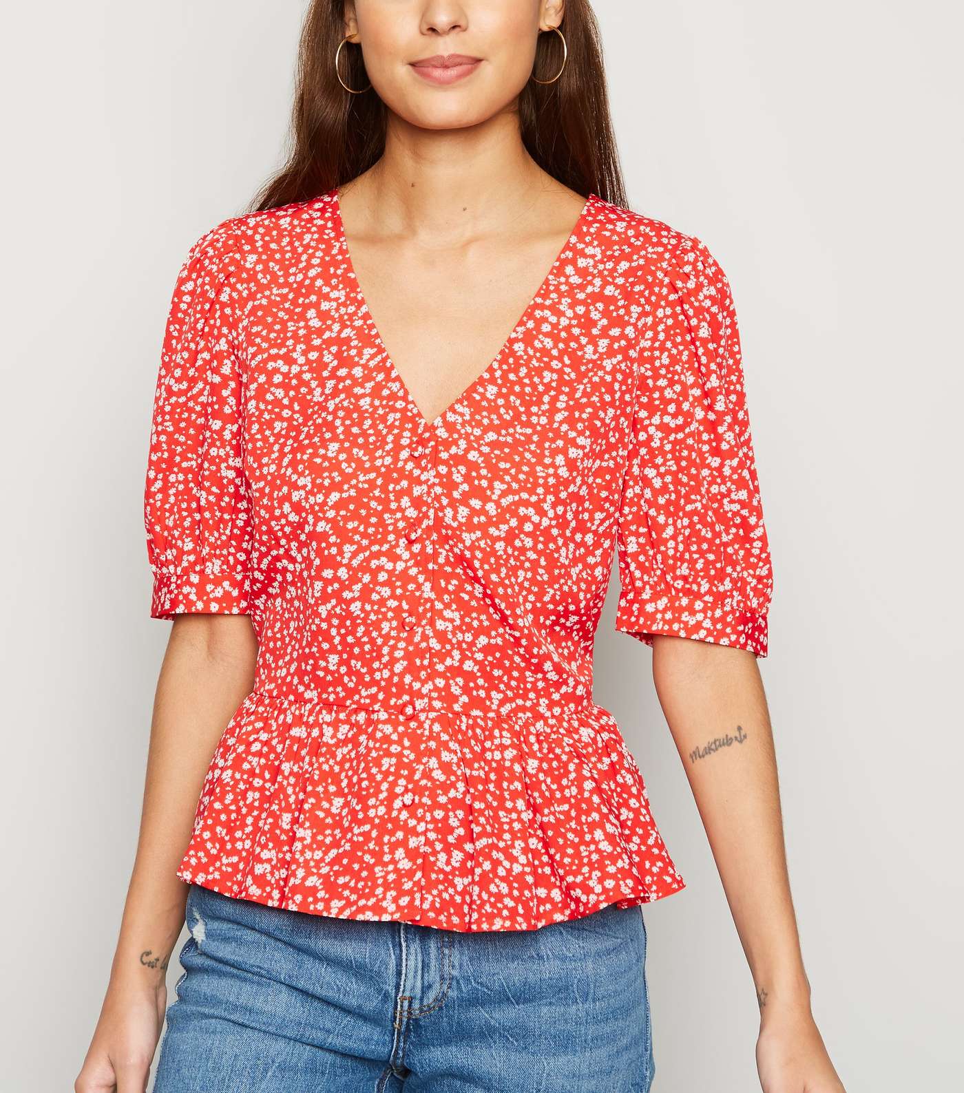 Red Ditsy Floral Wrap Peplum Top