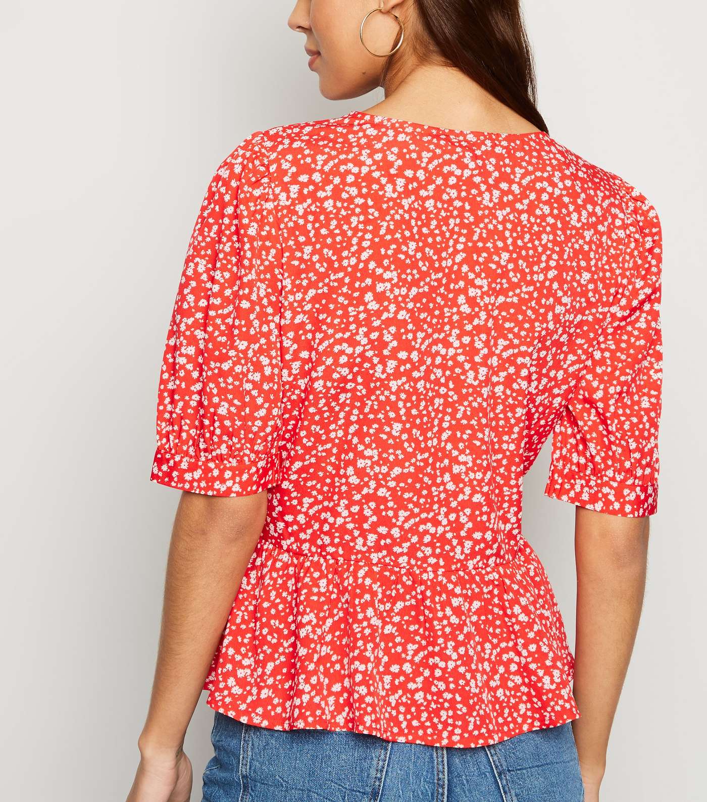 Red Ditsy Floral Wrap Peplum Top Image 3