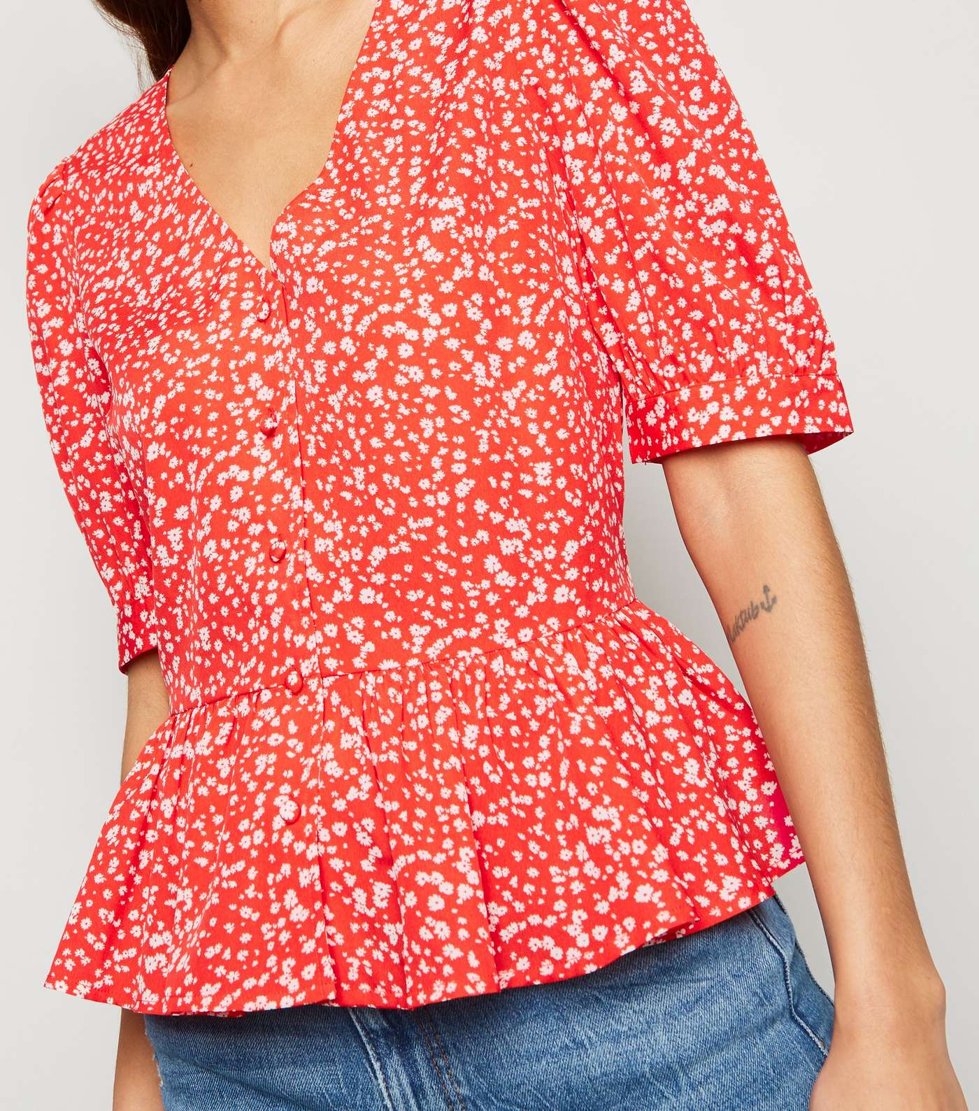 Red Ditsy Floral Wrap Peplum Top Image 5