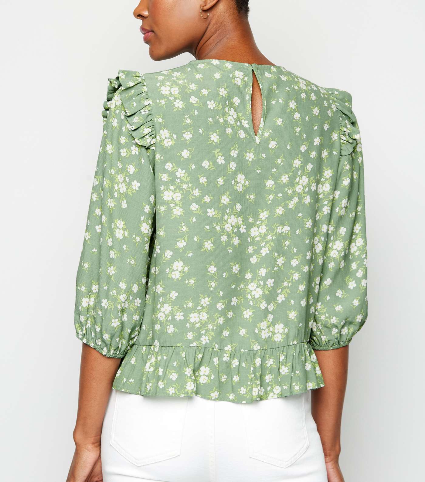 Green Ditsy Floral Print Peplum Top Image 3