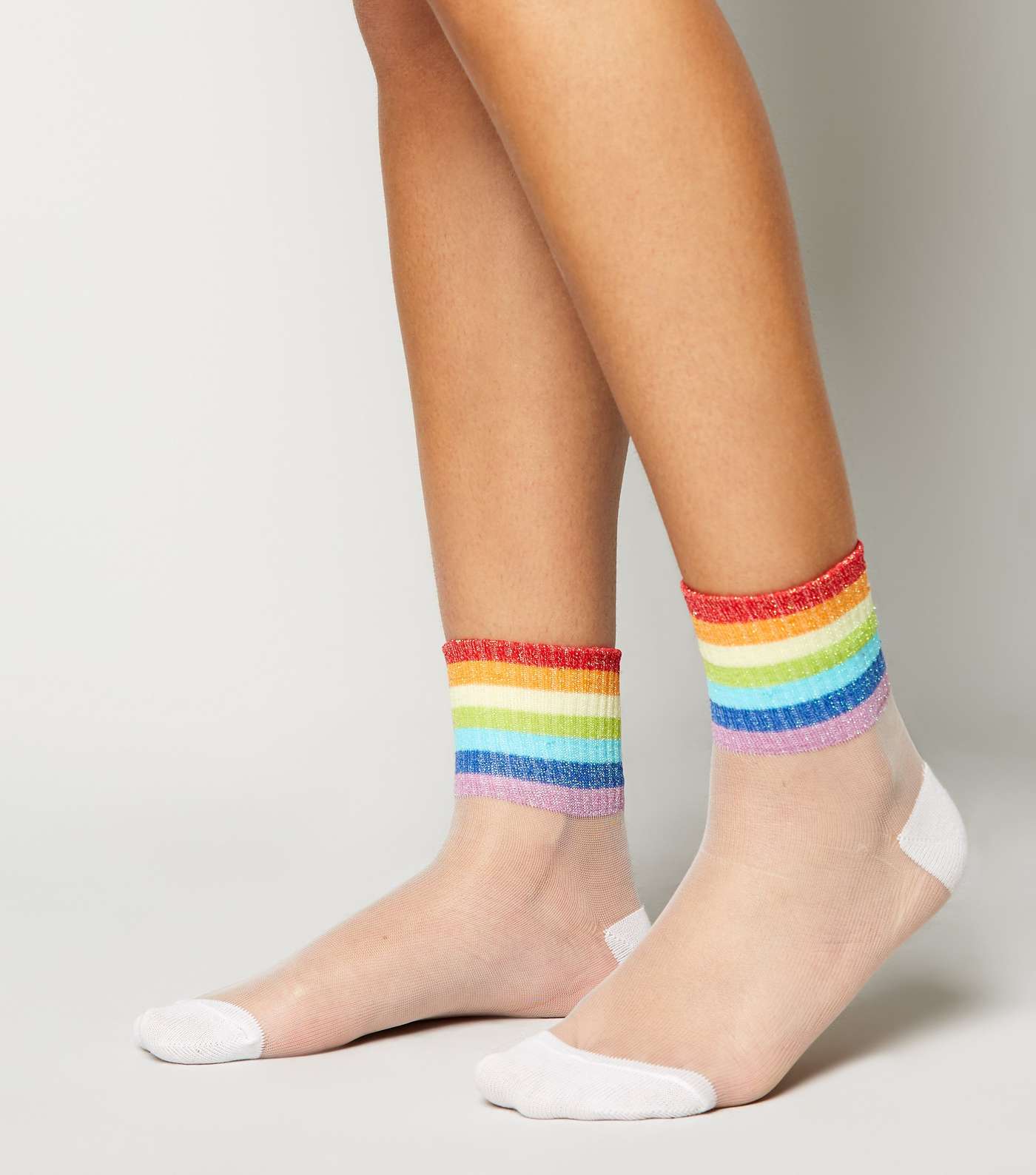White Rainbow Glitter Stripe Mesh Socks Image 2