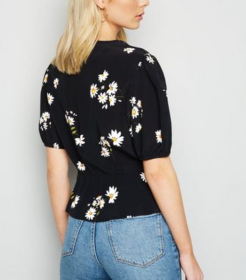 Black Ditsy Floral Puff Sleeve Peplum Blouse | New Look