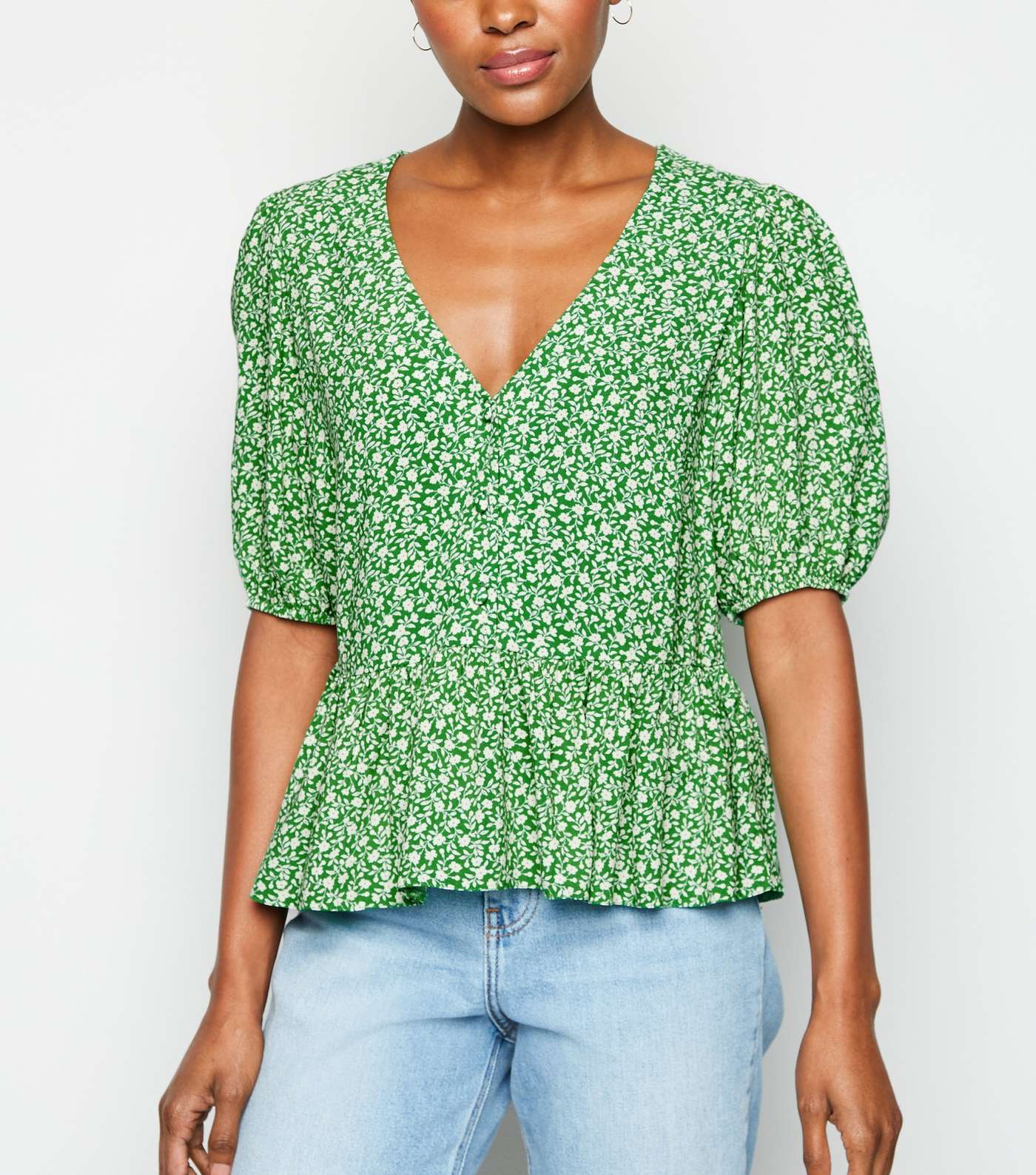 Green Ditsy Floral Button Front Top