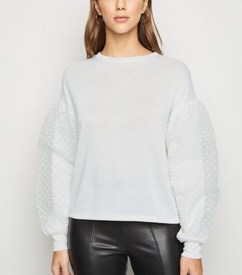 White Fine Knit Organza Sleeve Jumper 
