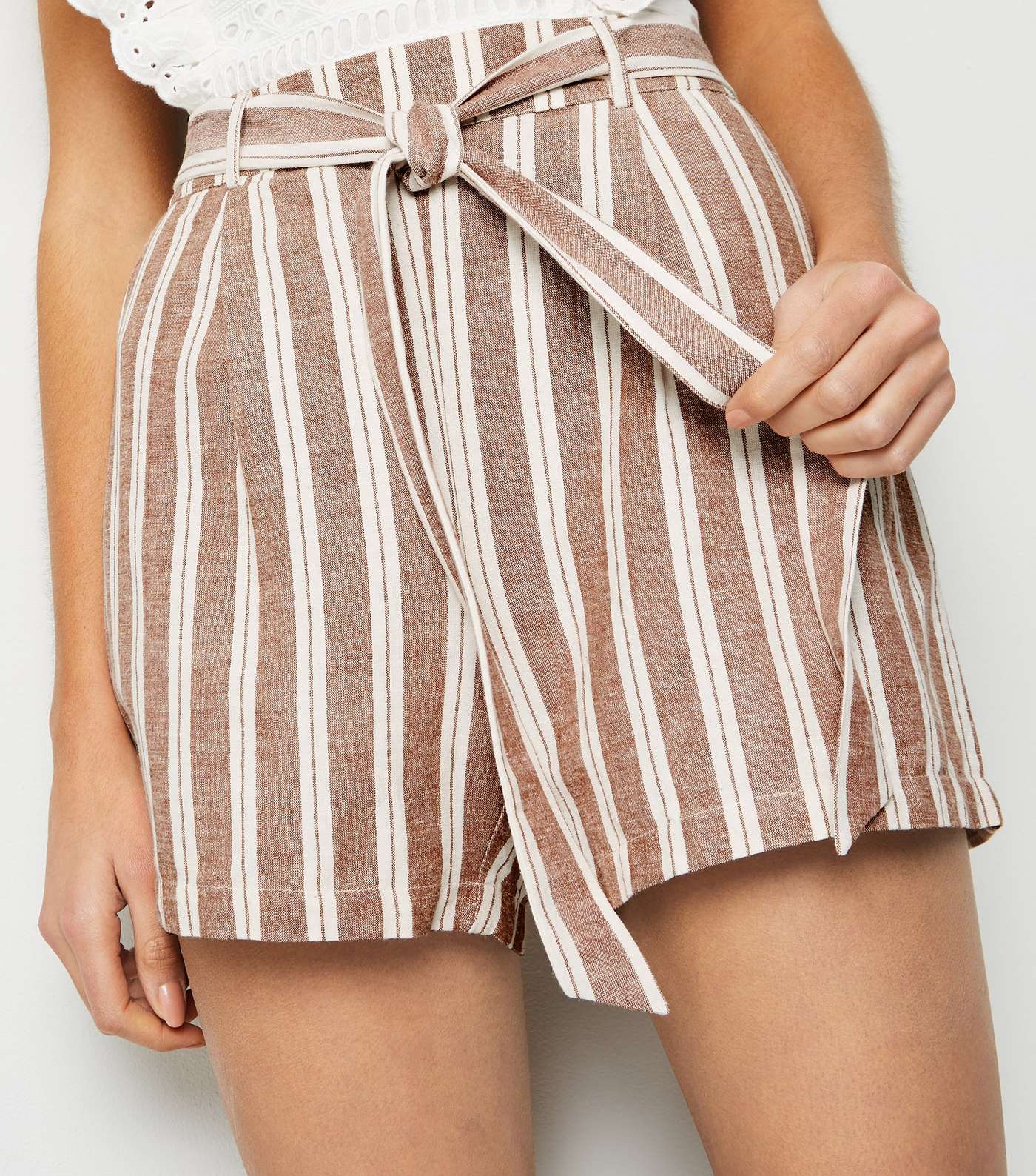 Brown Stripe High Tie Waist Shorts Image 5
