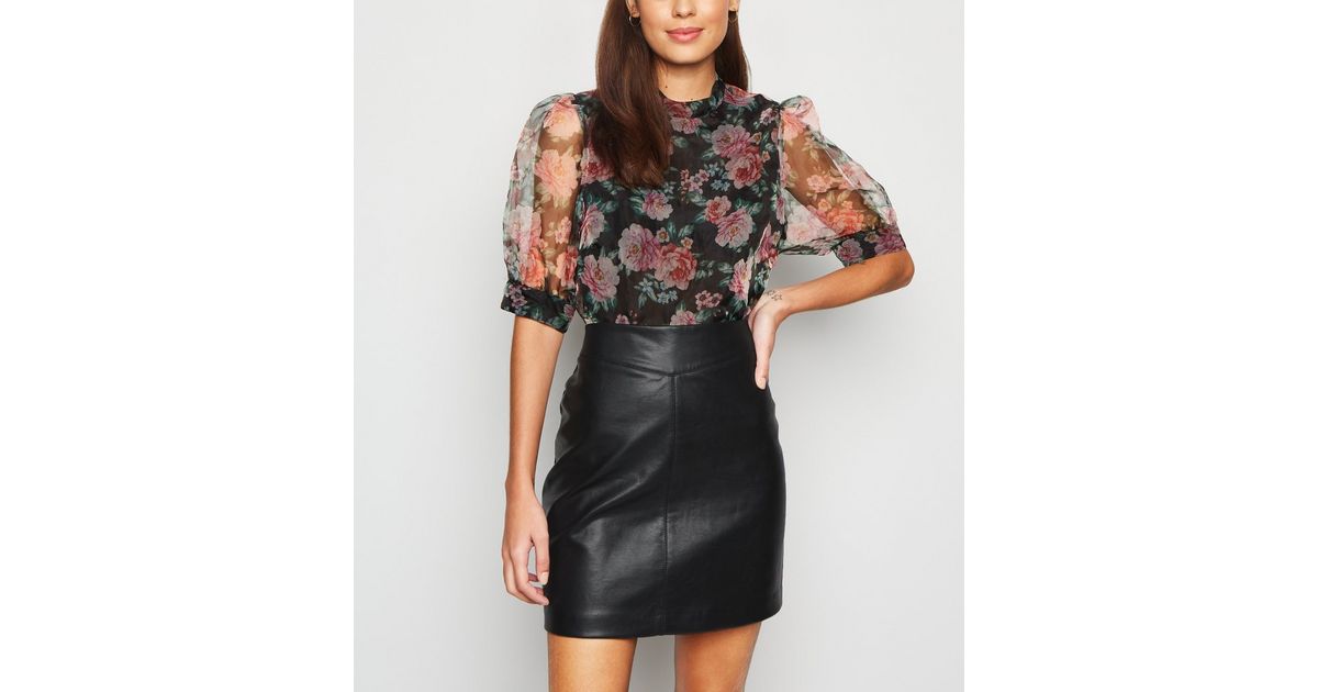 Black Leather-Look A-Line Mini Skirt | New Look