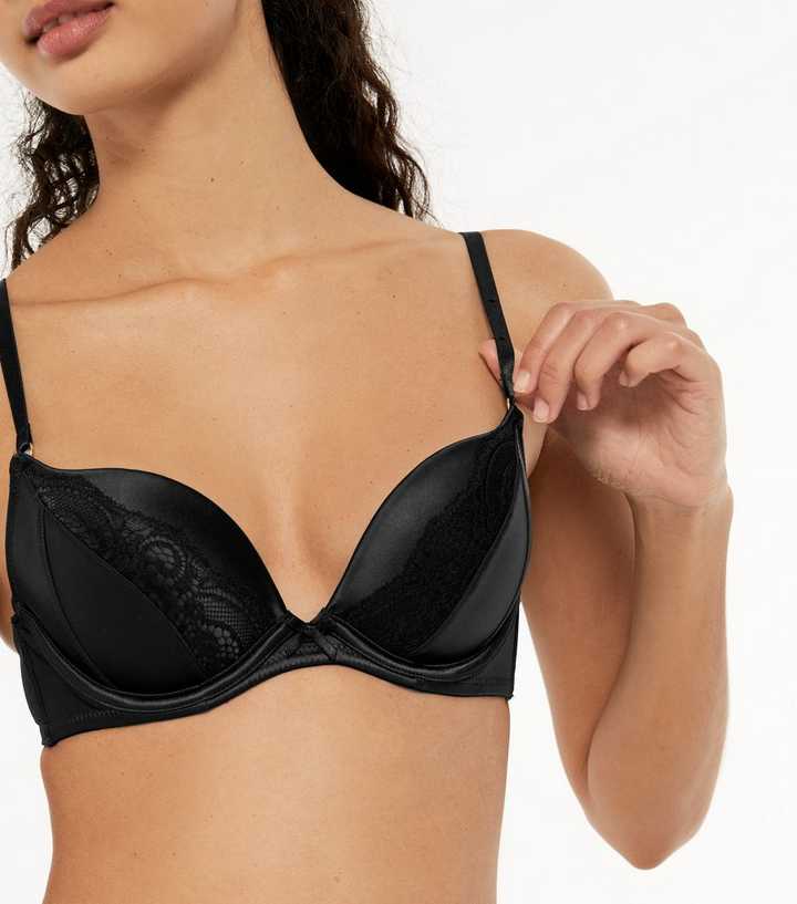 New Look satin and lace push up bra in black