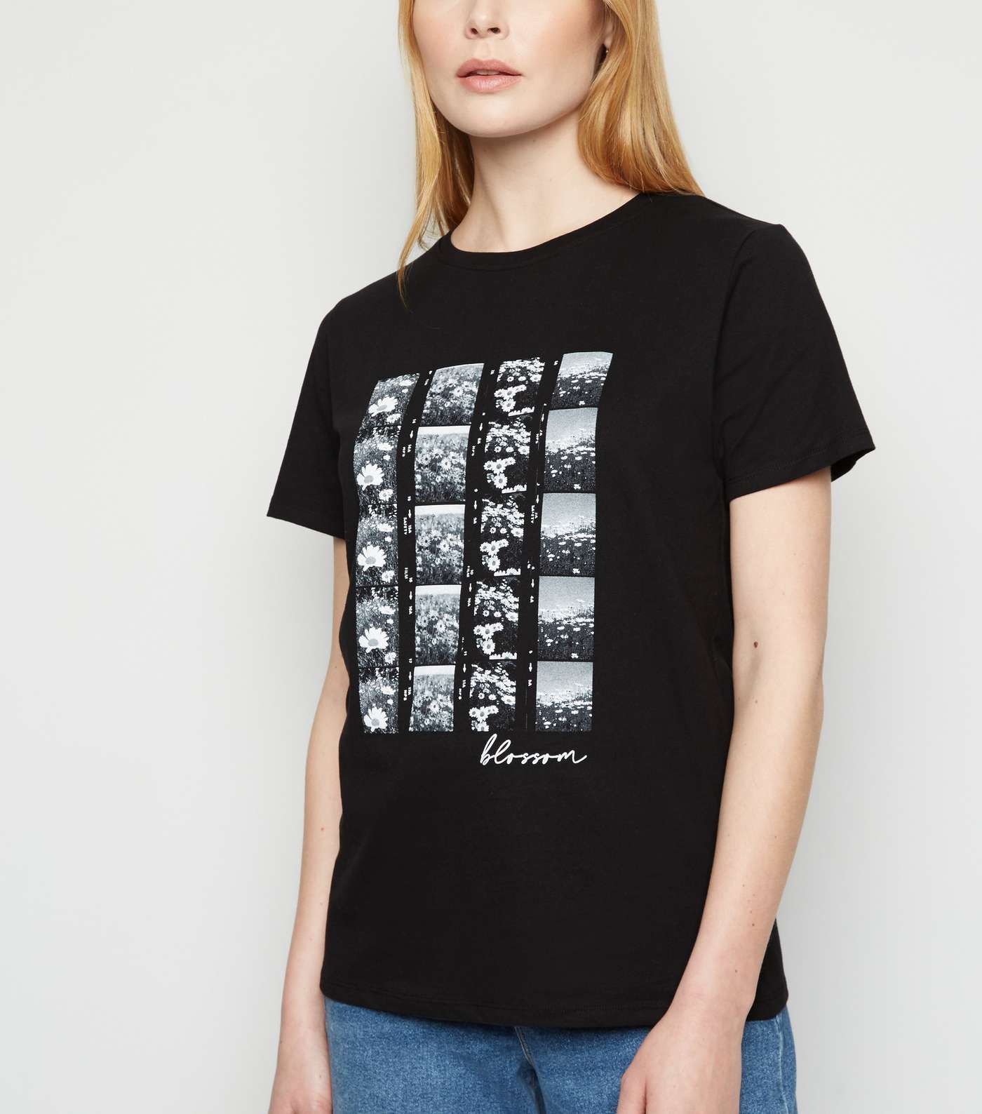 Black Daisy Photo Print Blossom Slogan T-Shirt