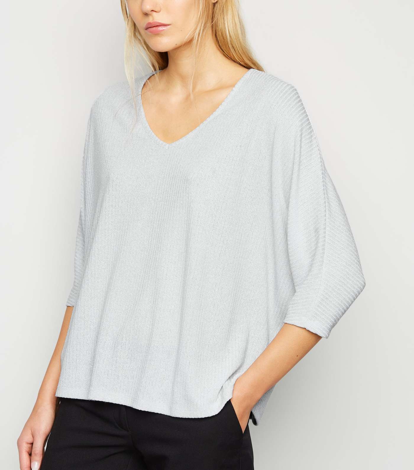 Pale Grey Fine Knit Ribbed Batwing Top