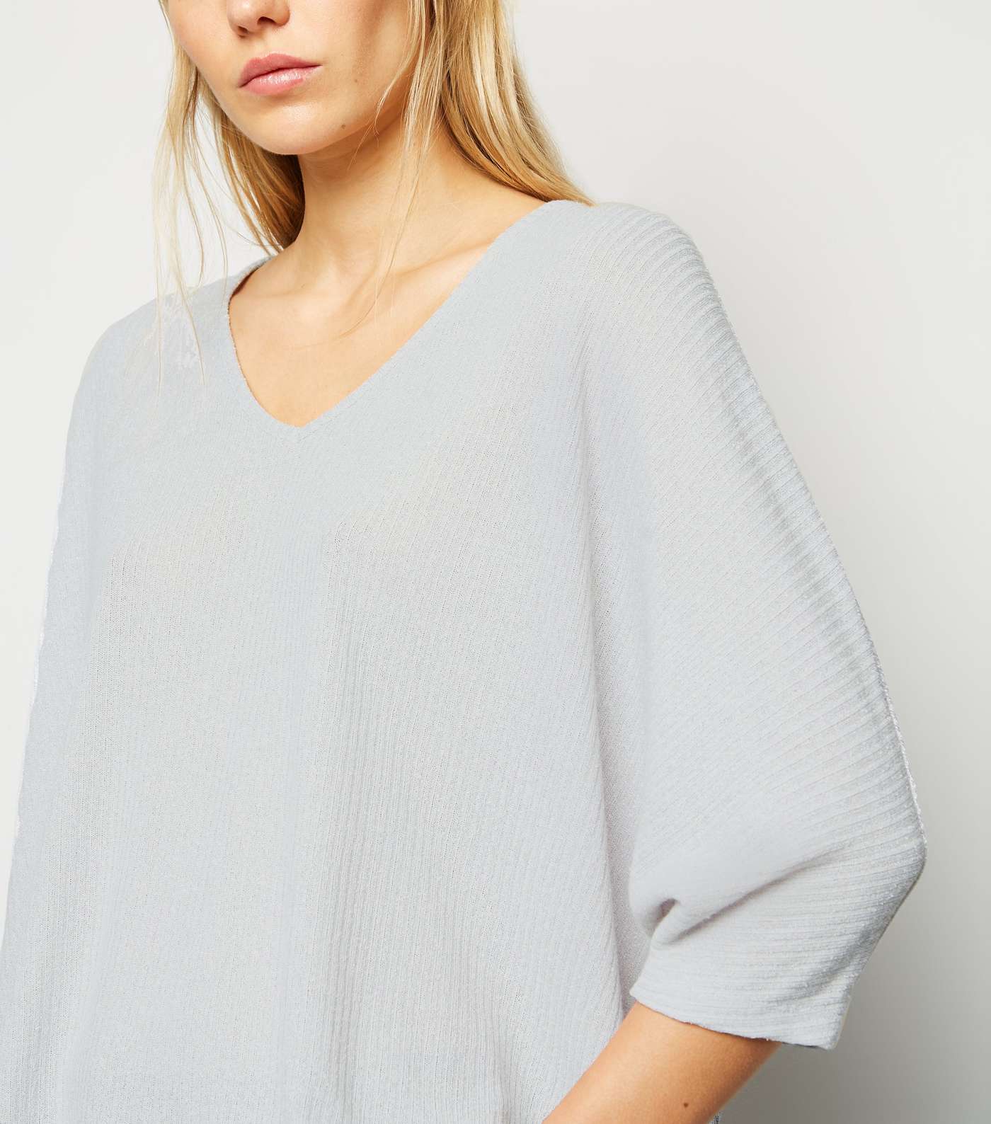 Pale Grey Fine Knit Ribbed Batwing Top Image 5