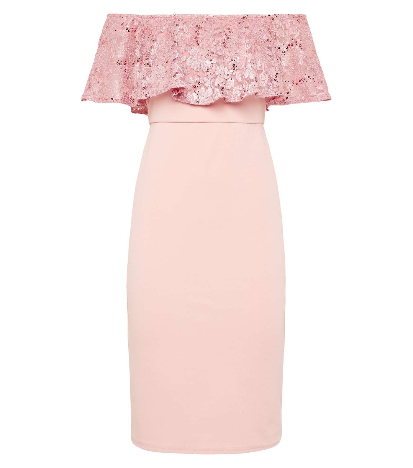 Pale Pink Sequin and Lace Bardot Bodycon Dress Image 4