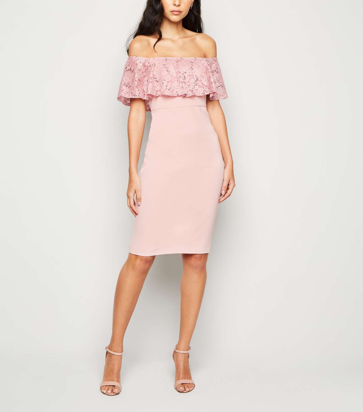 Pale Pink Sequin and Lace Bardot Bodycon Dress Image 2