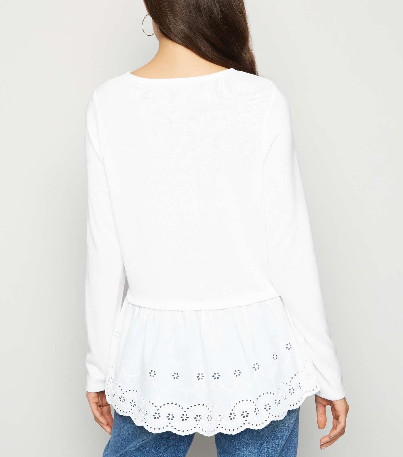 White Fine Knit Broderie Peplum Top Image 3