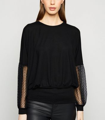 Image of Blue Vanilla Black Spot Mesh Batwing Sleeve Top New Look