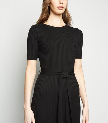 Black Ribbed Knit Tie Waist Midi Dress 