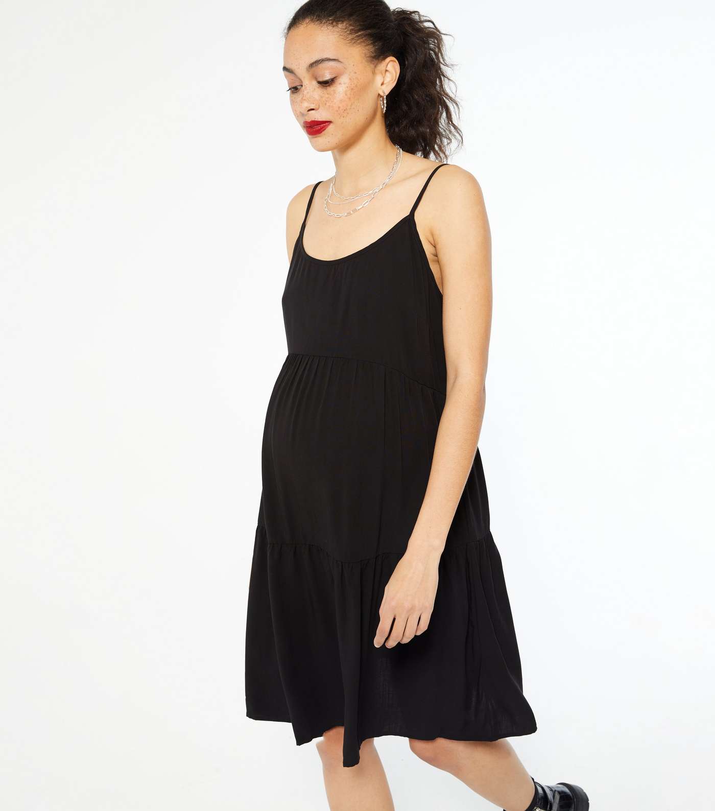 Maternity Black Strappy Tiered Mini Dress