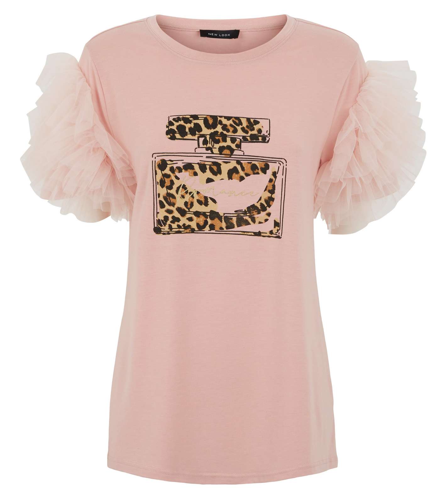 Pink Mesh Ruffle Sleeves Slogan T-Shirt Image 4
