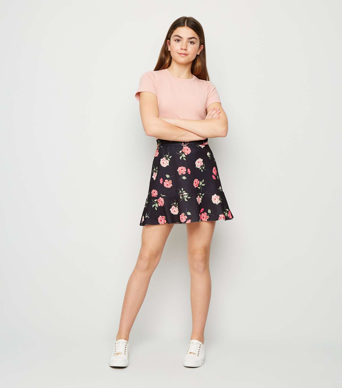 Girls Black Floral Print Peplum Hem Mini Skirt Image 2