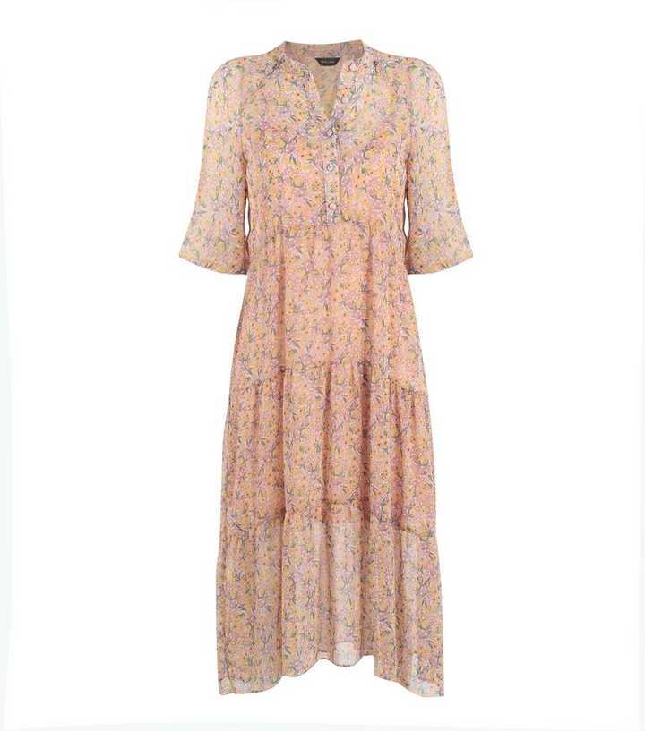 Pink Floral Tiered Smock Midi Dress 