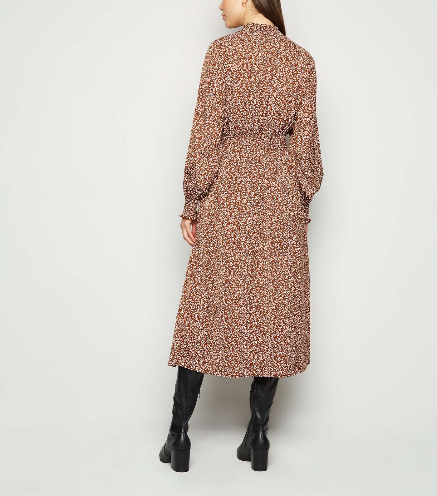 Rust Leaf Print Long Sleeve Midi Dress Image 2