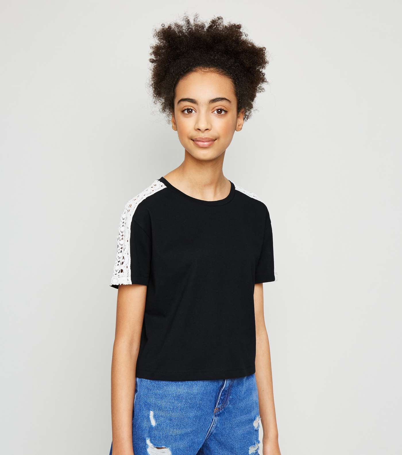 Girls Black Crochet Sleeve T-Shirt
