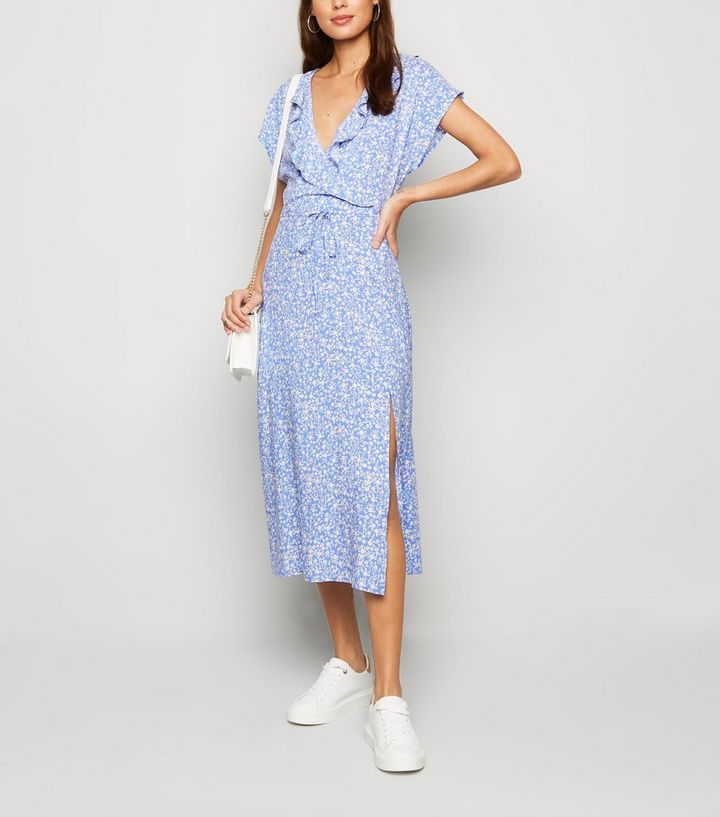 Blue Floral Ruffle Side Split Midi Dress New Look