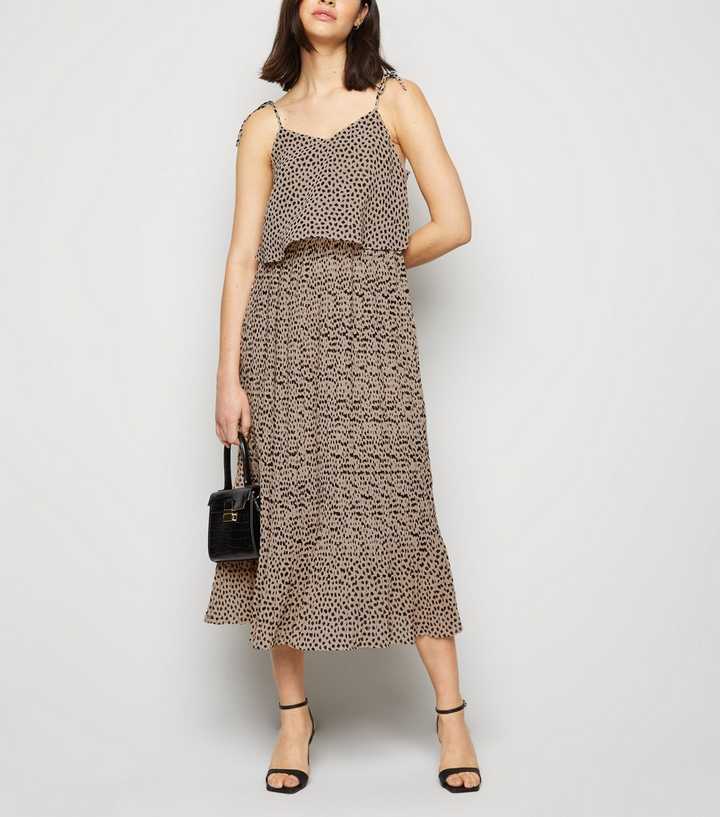 Brown Animal Print Pleated Midi Dress