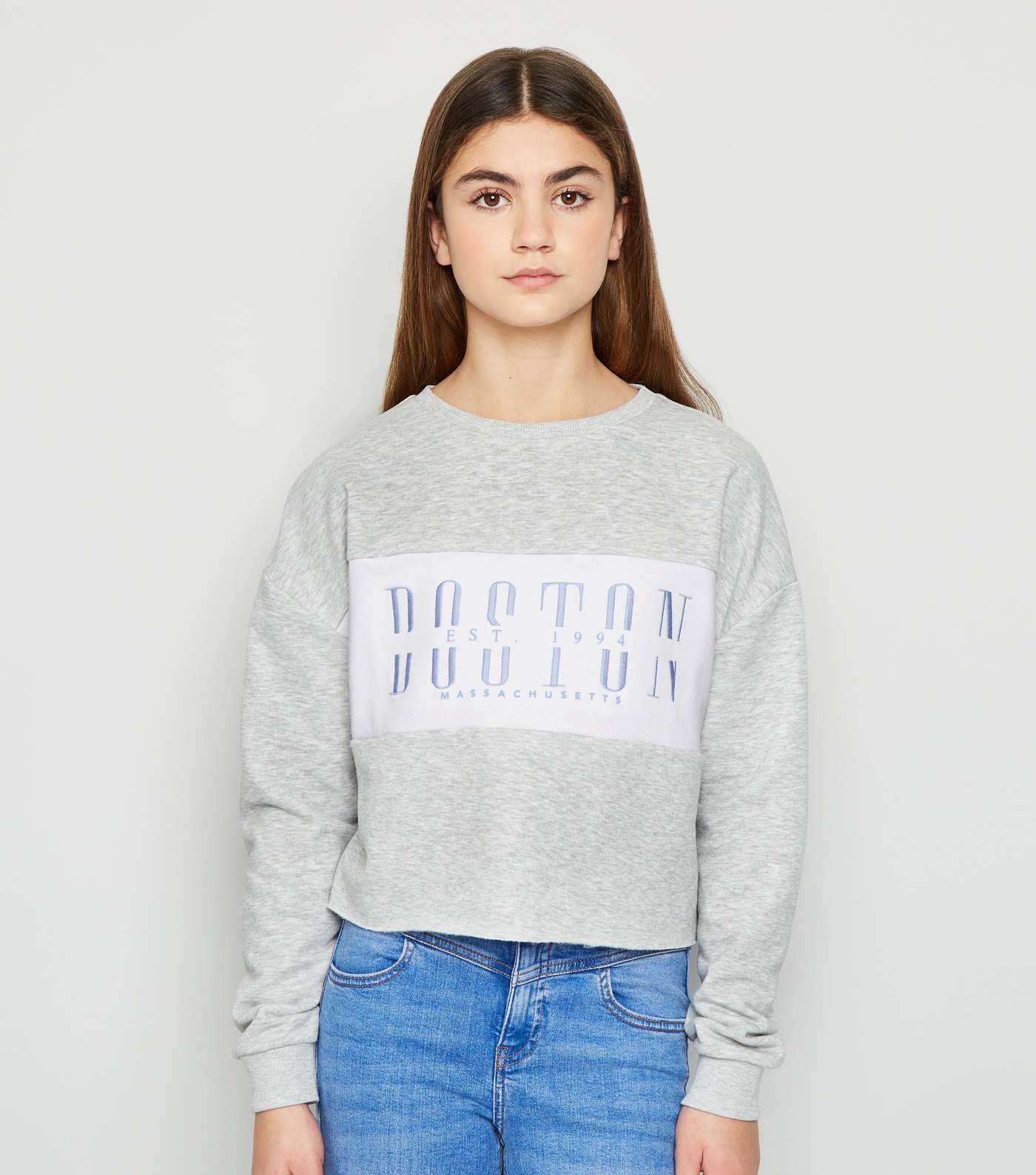 Girls Grey Colour Block Boston Slogan Sweatshirt 