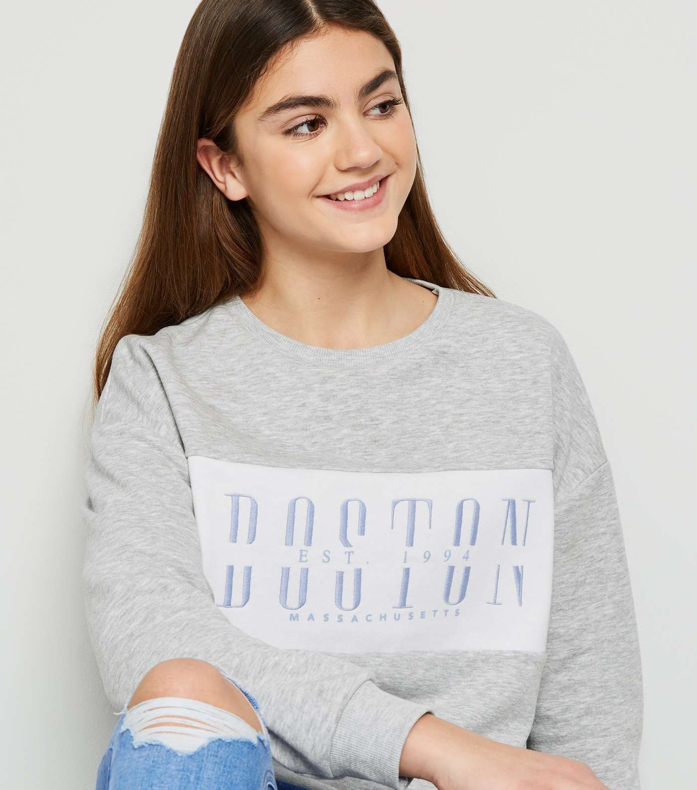 Girls Grey Colour Block Boston Slogan Sweatshirt  Image 5