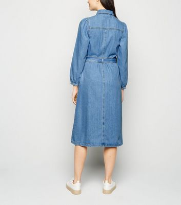 blue belted midi denim dress