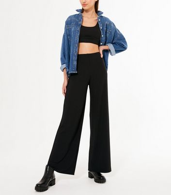 Black ribbed wide leg trousers hotsell