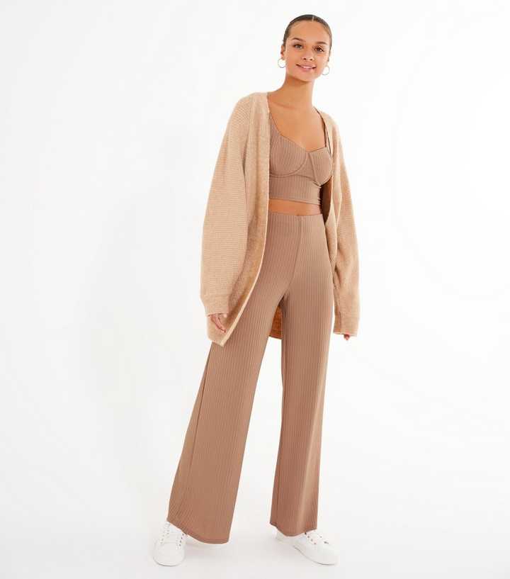 Camel Ribbed Wide Leg Trousers