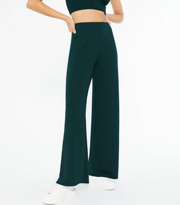 Dark Green Ribbed Wide Leg Trousers