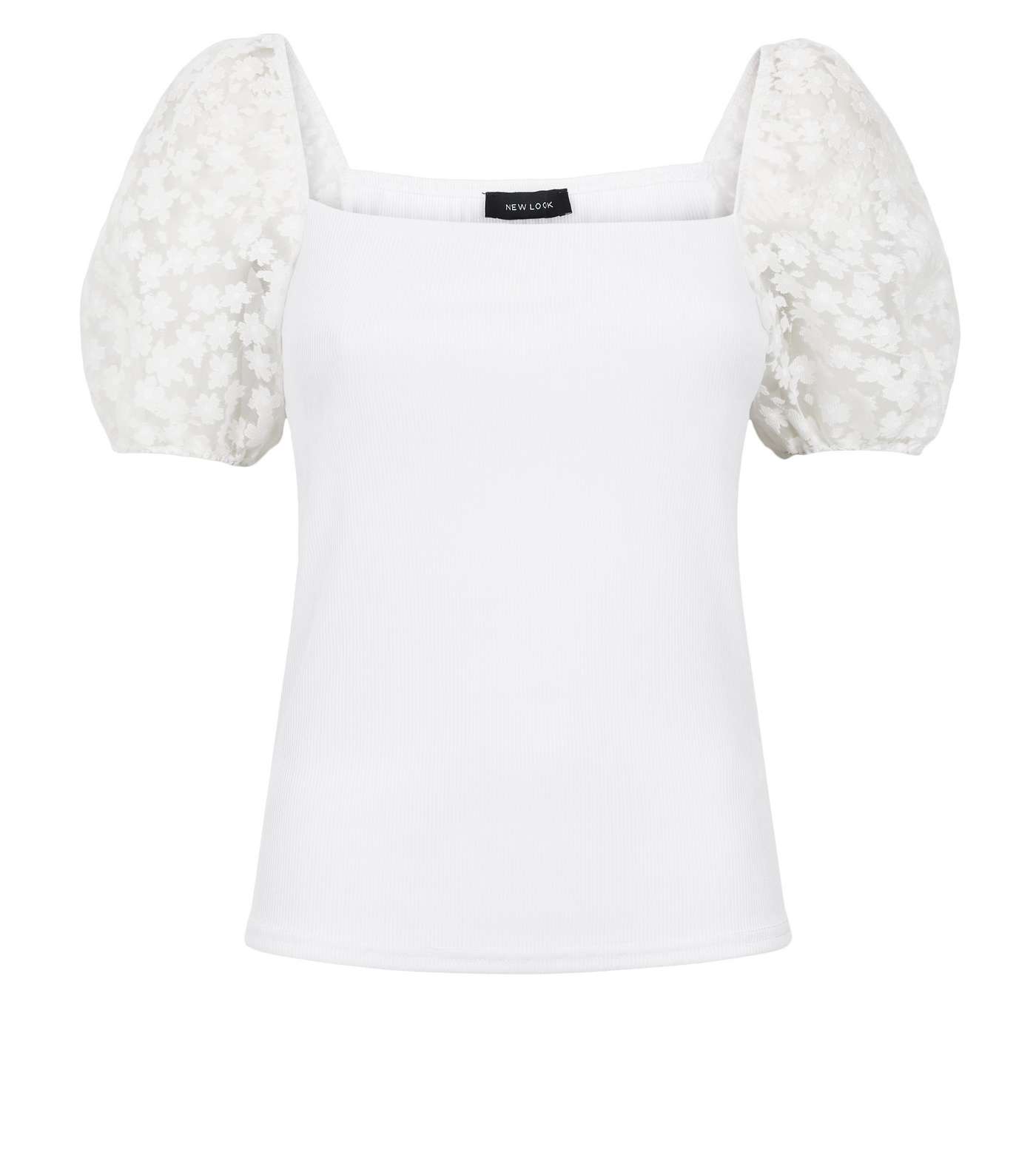White Ribbed Floral Organza Puff Sleeve Top Image 4