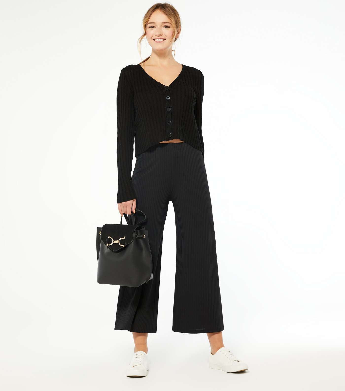 Black Ribbed Wide Crop Trousers
