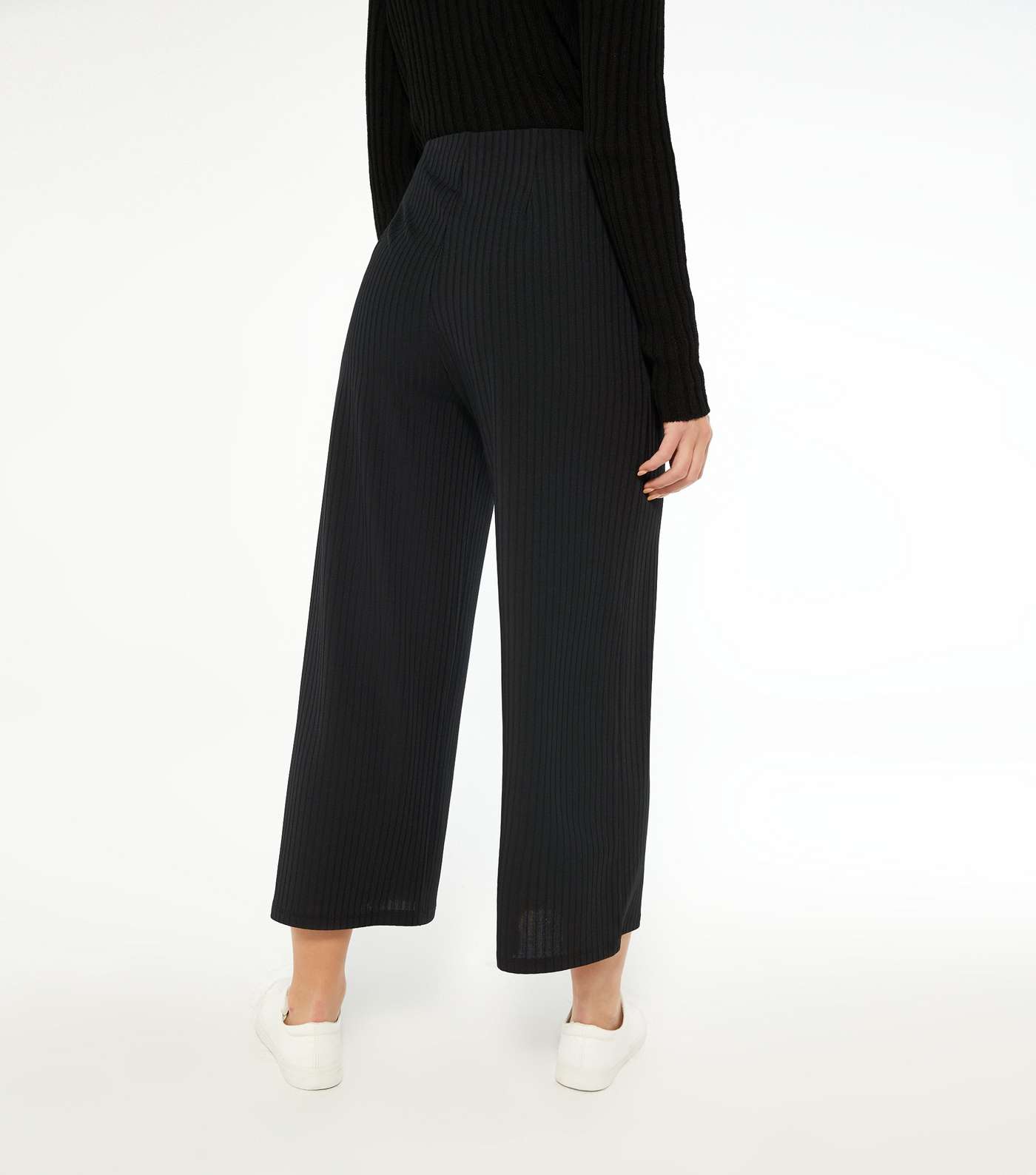 Black Ribbed Wide Crop Trousers Image 3