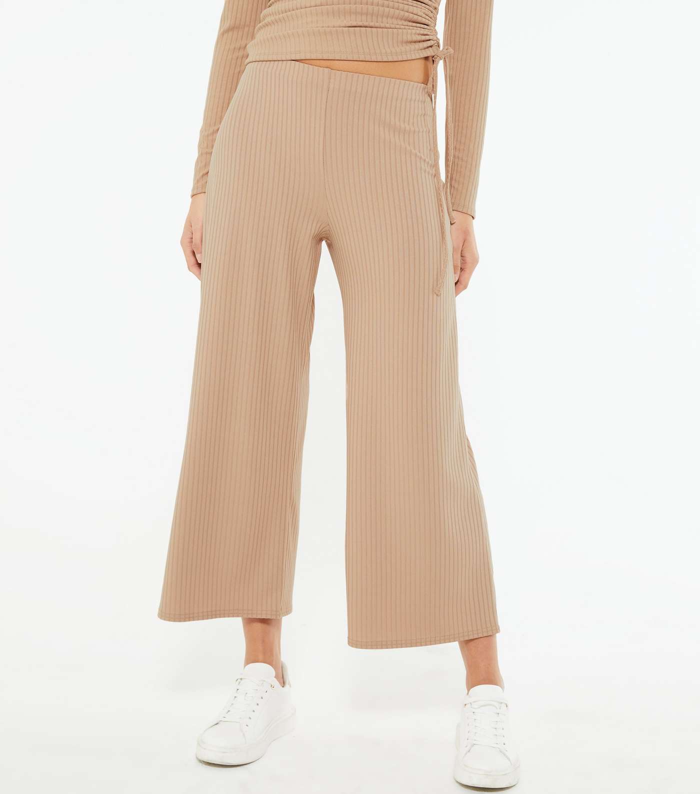 Camel Ribbed Wide Crop Trousers Image 2