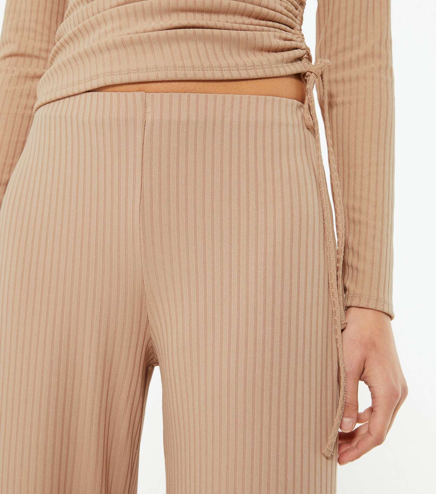 Camel Ribbed Wide Crop Trousers Image 4