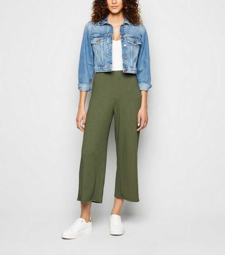 Khaki Ribbed Wide Crop Trousers