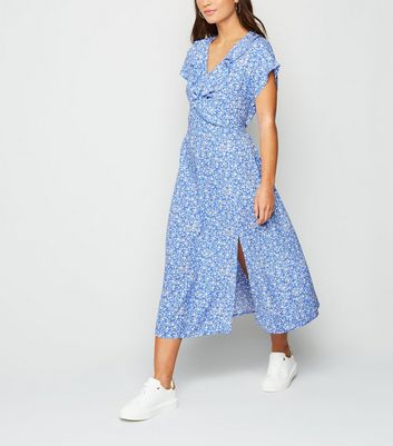 blue floral ruffle side split midi dress