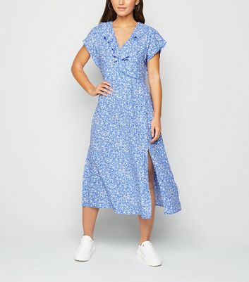 blue floral ruffle side split midi dress