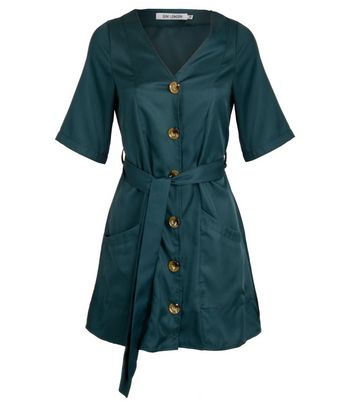 Image of Gini London Teal Button Belted Dress New Look