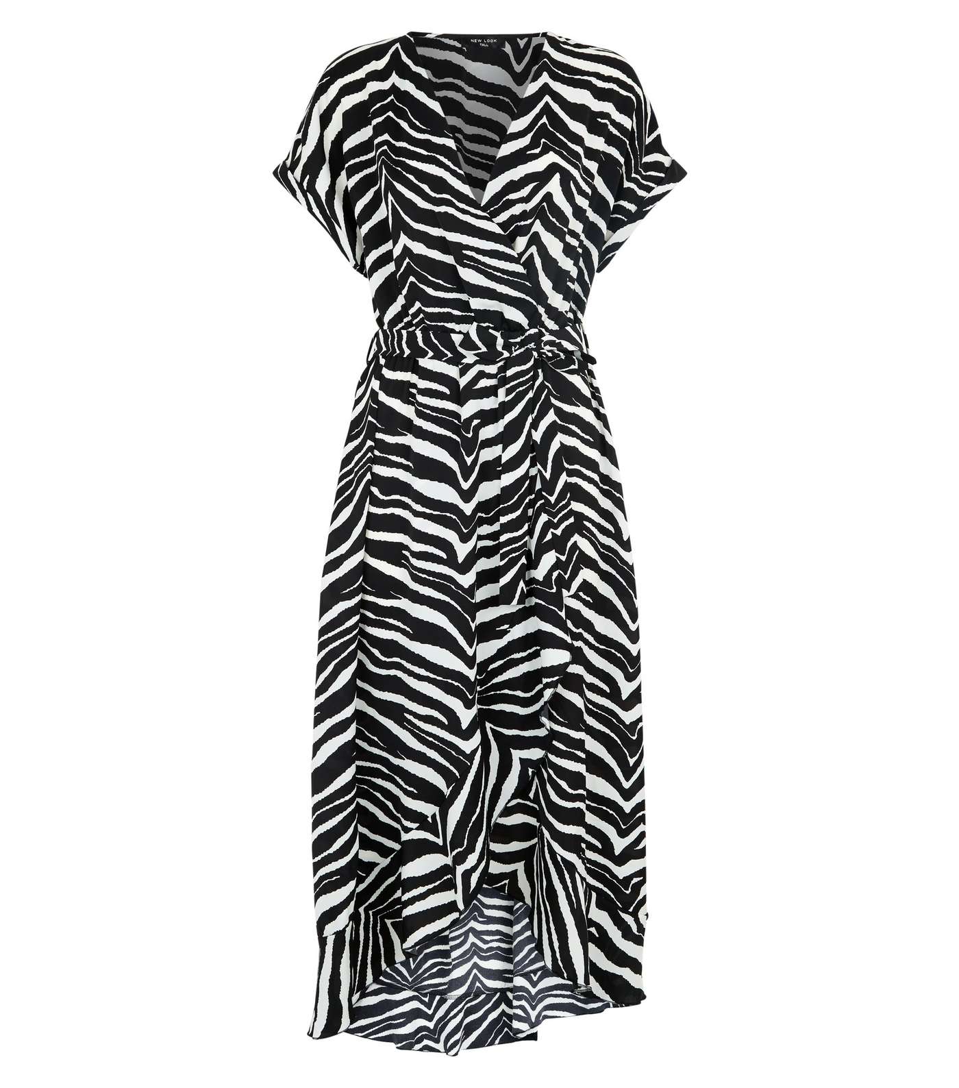 Tall Black Zebra Print Satin Ruffle Trim Midi Dress Image 4
