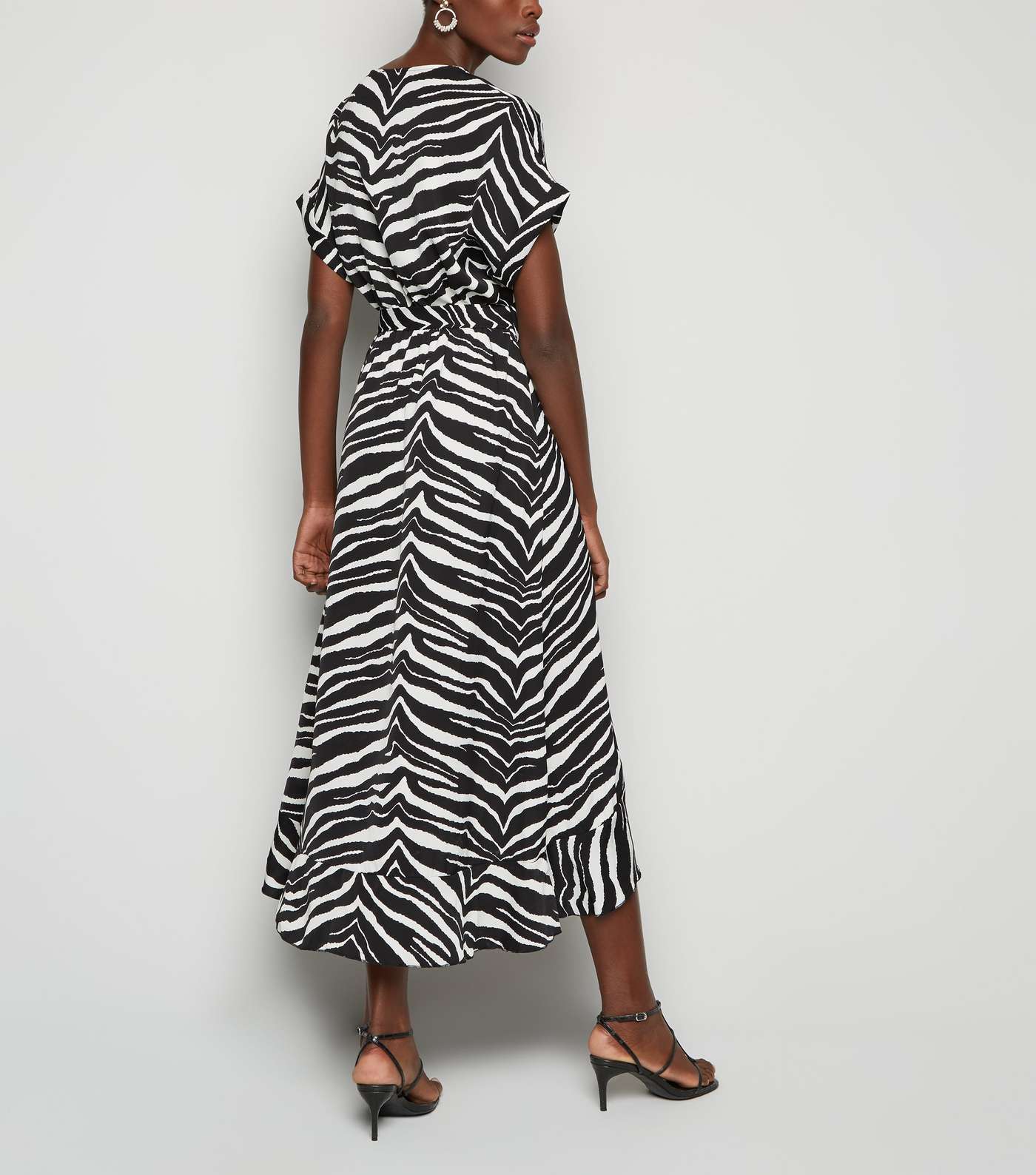 Tall Black Zebra Print Satin Ruffle Trim Midi Dress Image 2